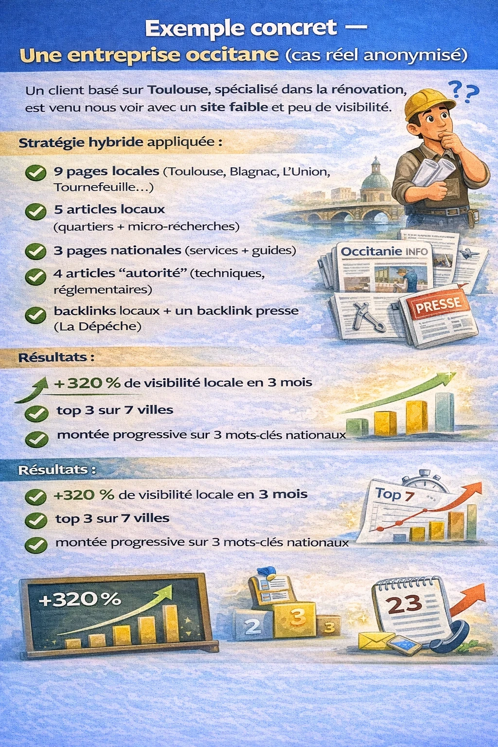 Infographie “Exemple concret — entreprise occitane (cas anonymisé)” : une entreprise de rénovation basée à Toulouse applique une stratégie SEO hybride (9 pages locales : Toulouse, Blagnac, L’Union, Tournefeuille… ; 5 articles locaux ; 3 pages nationales ; 4 articles d’autorité ; backlinks locaux + 1 lien presse “La Dépêche”). Résultats affichés : +320 % de visibilité locale en 3 mois, top 3 sur 7 villes, progression sur 3 mots-clés nationaux, 23 contacts qualifiés par mois.