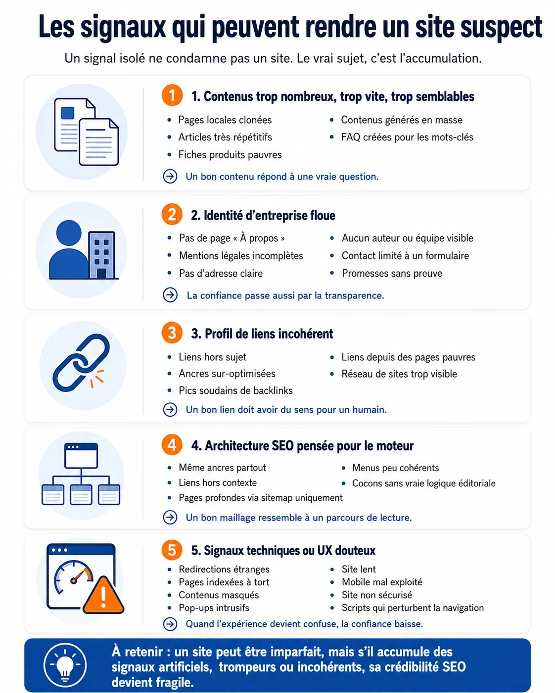 Infographie présentant cinq signaux pouvant rendre un site suspect : contenus dupliqués, identité d’entreprise floue, profil de liens incohérent, architecture SEO pensée pour le moteur et problèmes techniques ou UX