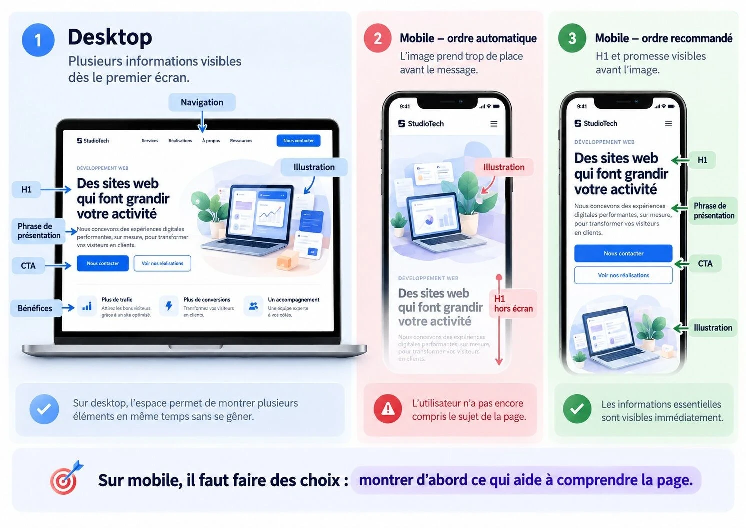 Comparaison de la hiérarchie visuelle d’une page web sur desktop et mobile : affichage des informations, illustration prioritaire sur mobile et optimisation plaçant le H1, la présentation et les boutons d’action avant l’image.