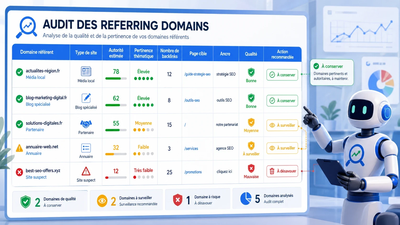 Tableau visuel d’audit SEO des domaines référents avec qualité, pertinence, backlinks, pages cibles et actions recommandées.