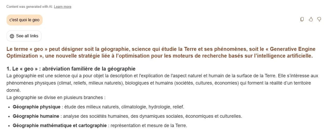 exemple d'une réponse geo avec le moteur bing et copilot