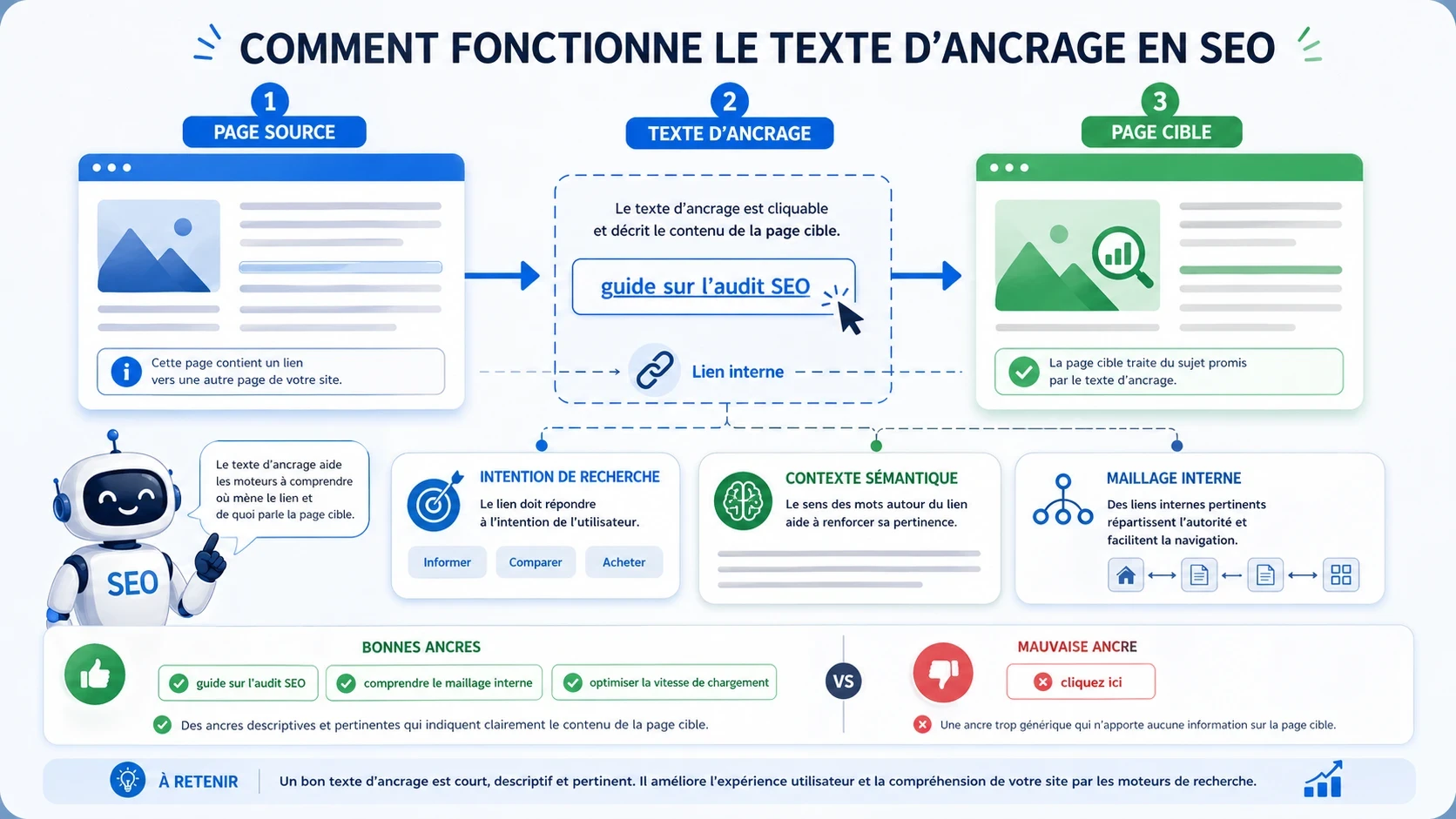 Tableau visuel d’audit SEO des textes d’ancrage avec pages sources, ancres, pages cibles et corrections recommandées.