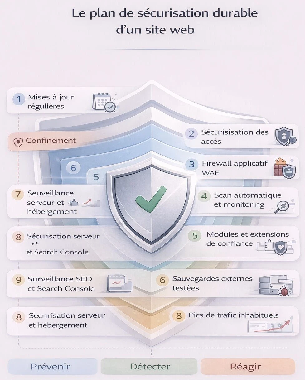 Infographie montrant neuf couches de sécurité durables pour protéger un site web : mises à jour, accès, WAF, scans, sauvegardes, serveur, SEO et nettoyage des composants inutiles.