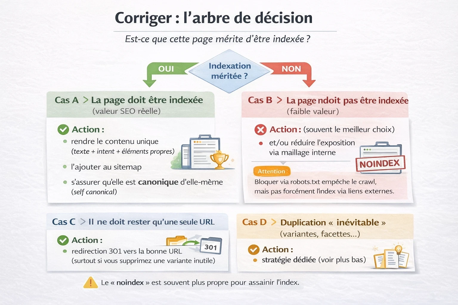 Infographie “Corriger : l’arbre de décision” : question “cette page mérite-t-elle d’être indexée ?” avec 4 cas (A indexer : contenu unique + sitemap + self-canonical, B ne pas indexer : noindex/maillage, C une seule URL : redirection 301, D duplication inévitable : stratégie dédiée).