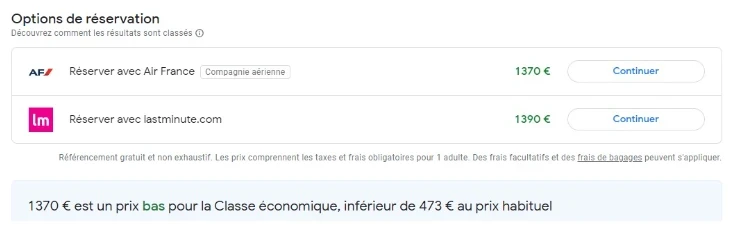 zoom sur les options de réservation de google flights