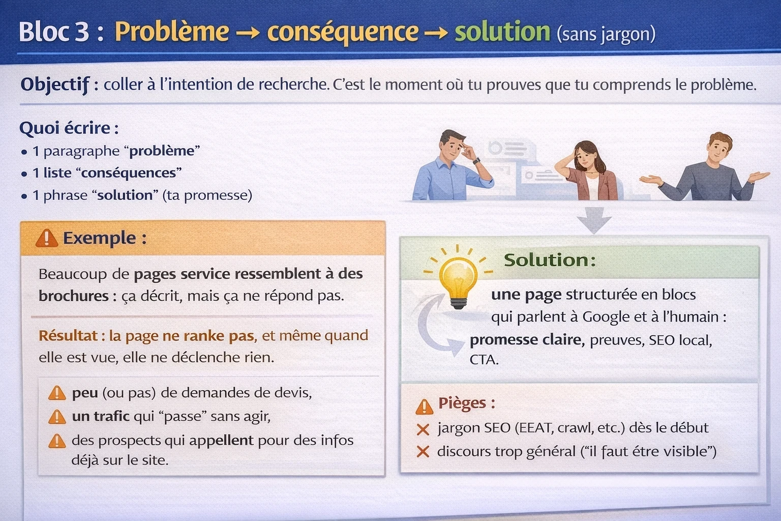 Infographie (paysage) “Bloc 3 : Problème → conséquence → solution (sans jargon)” : modèle de rédaction avec 1 paragraphe problème, 1 liste de conséquences (peu de devis, trafic qui passe sans agir, prospects qui appellent pour des infos déjà sur le site) et 1 phrase solution (page structurée en blocs : promesse claire, preuves, SEO local, CTA), + pièges à éviter (jargon SEO, discours trop général).