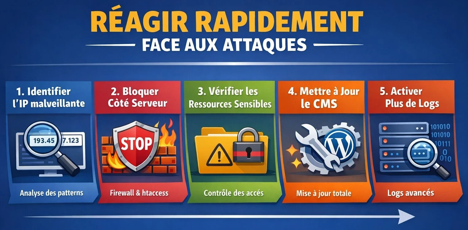 Infographie sur les 5 étapes pour réagir vite à une attaque repérée dans les logs serveur.