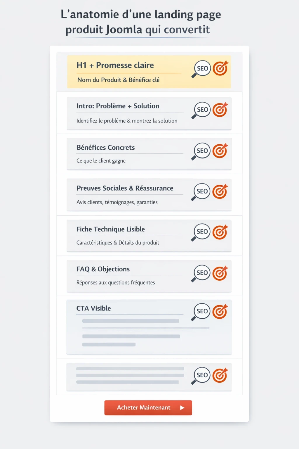 Infographie landing page produit Joomla optimisée SEO et conversion avec structure idéale : H1, promesse claire, introduction, bénéfices, preuves sociales, fiche technique, FAQ et CTA visible.
