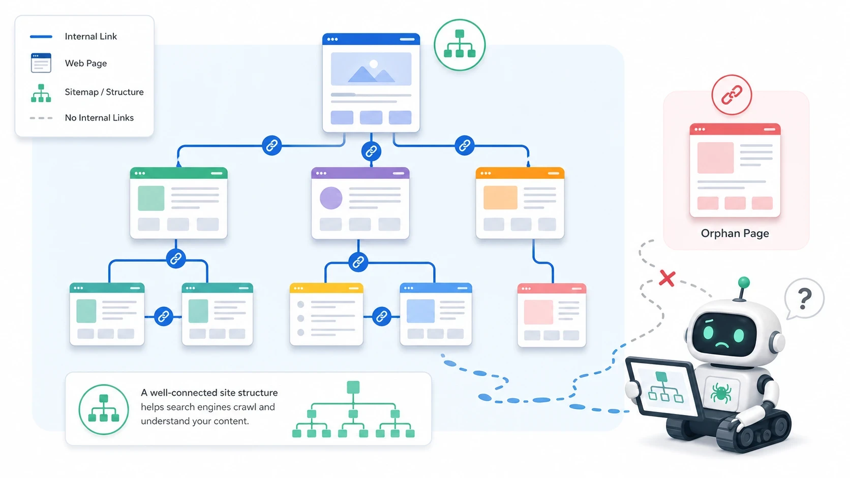 Illustration d’une page orpheline mal reliée au reste d’un site web et difficile à découvrir par Googlebot.
