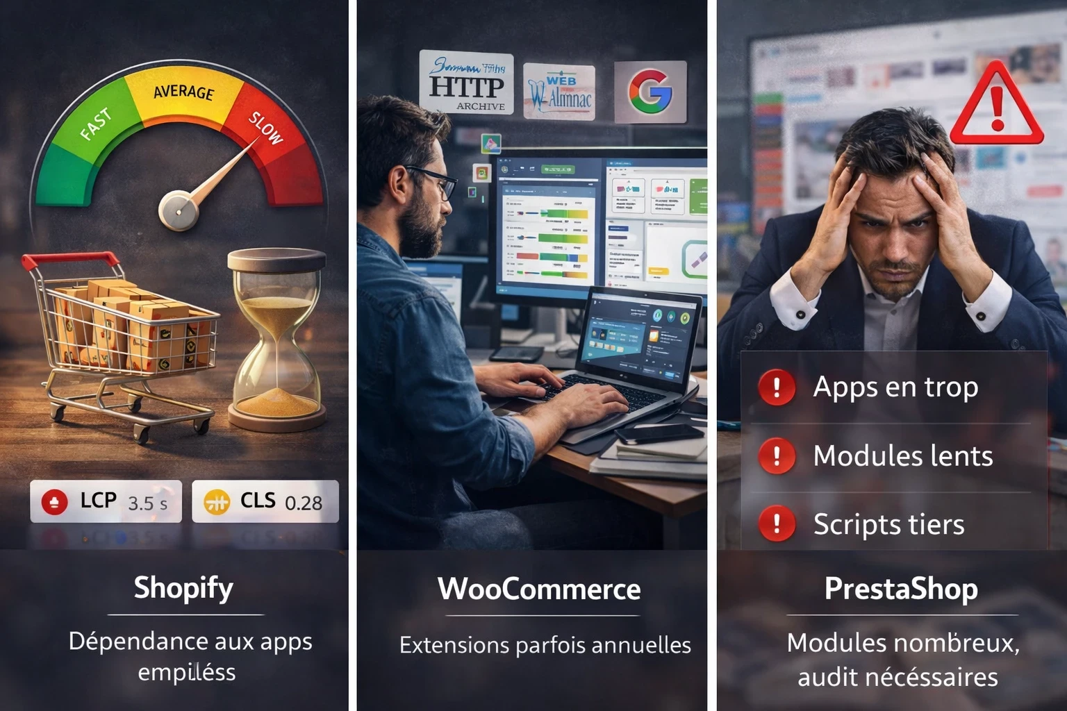 Triptyque photo sur performance et conversion e-commerce : à gauche une jauge de vitesse vers “lent” avec un panier et un sablier illustrant l’impact sur les ventes et les Core Web Vitals, au centre un expert qui analyse des tableaux de performance et de suivi type HTTP Archive et Web Almanac, à droite un responsable stressé devant des alertes indiquant que trop d’apps, de modules ou de scripts tiers dégradent la rapidité du site.