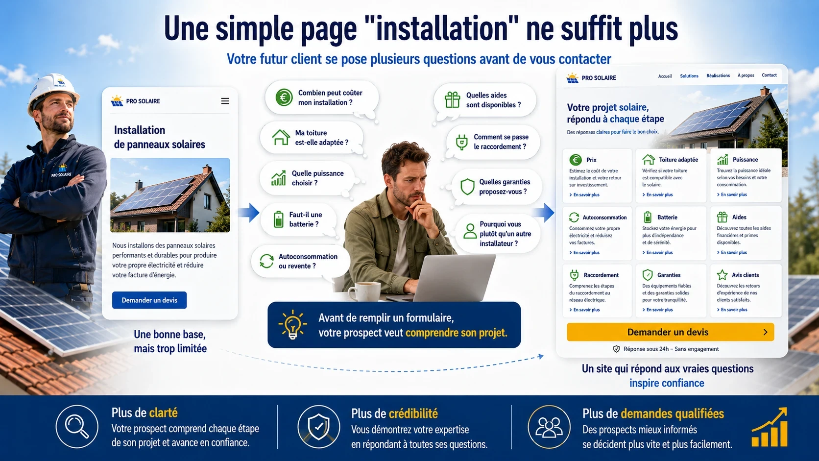 Illustration montrant qu’une simple page d’installation de panneaux solaires ne suffit pas à répondre aux questions des futurs clients sur le prix, les aides, la toiture, la batterie, le raccordement et les garanties