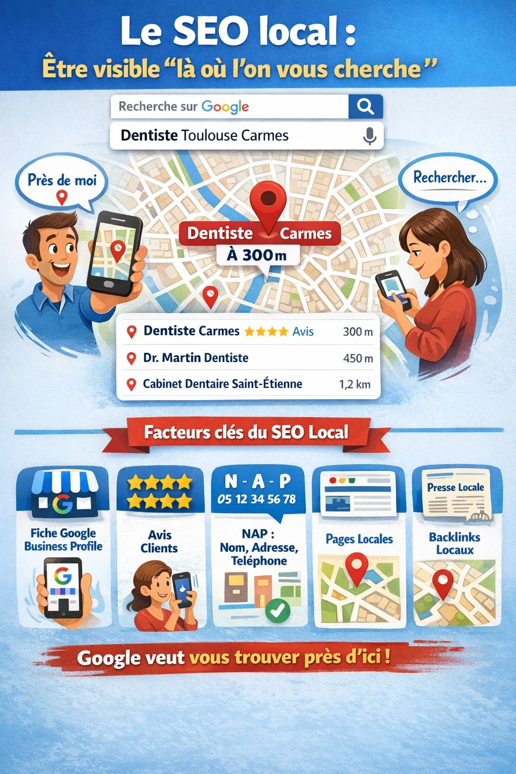 Infographie “SEO local” : une recherche « Dentiste Toulouse Carmes » affiche une carte et des résultats “près de moi” (à 300 m). En dessous, les leviers clés : Google Business Profile, avis clients, NAP cohérent, pages locales et backlinks locaux.