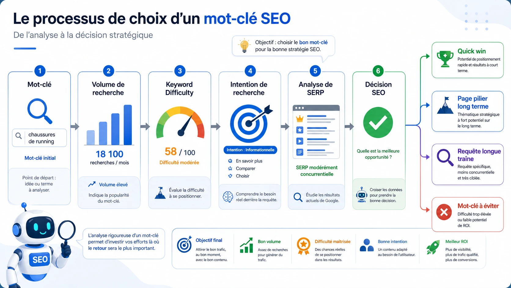 Schéma pédagogique montrant comment passer d’un mot-clé à une décision SEO grâce au volume, à la difficulté et à l’intention.