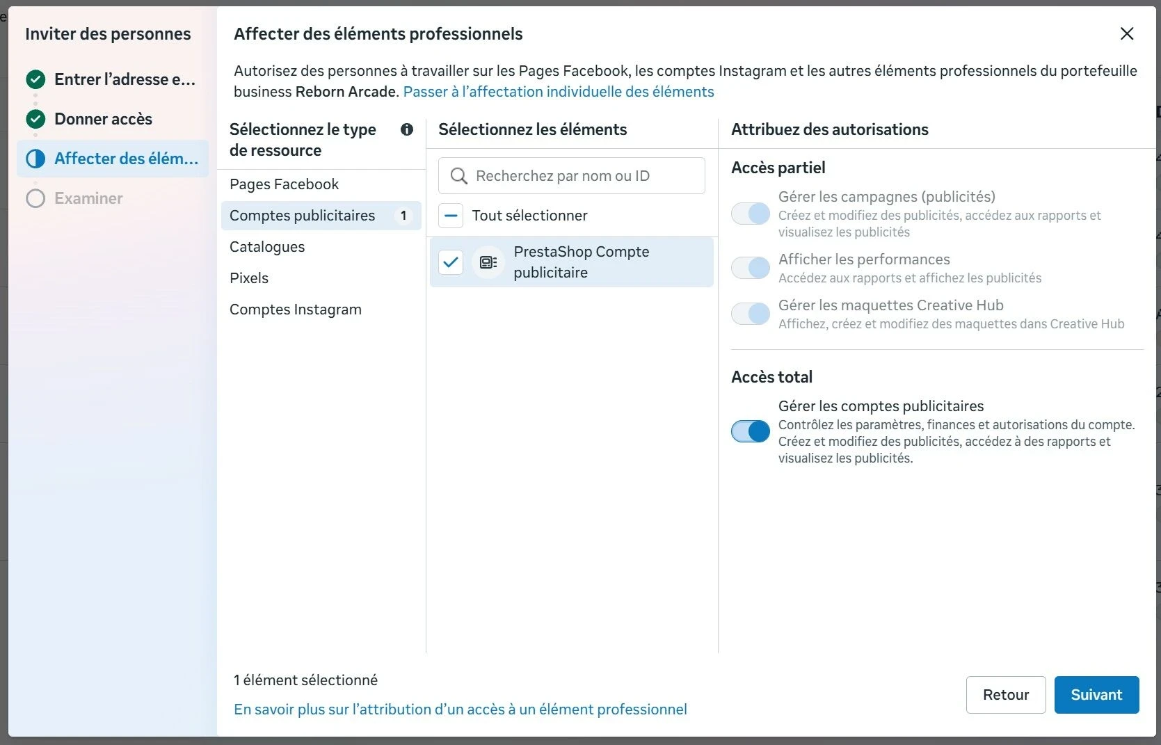 mettre les droits compte publicitaire meta dans la console mata