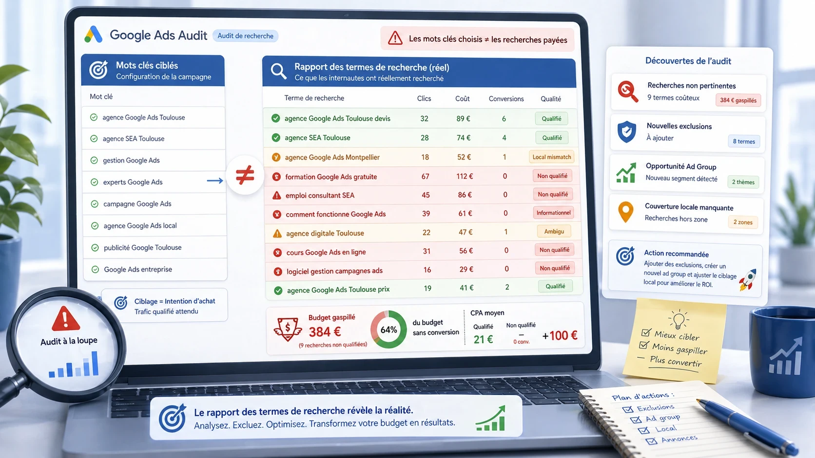 Illustration d’un audit Google Ads montrant l’écart entre les mots-clés configurés et les termes de recherche réellement tapés, avec mise en évidence des requêtes hors cible, du budget gaspillé et des optimisations possibles