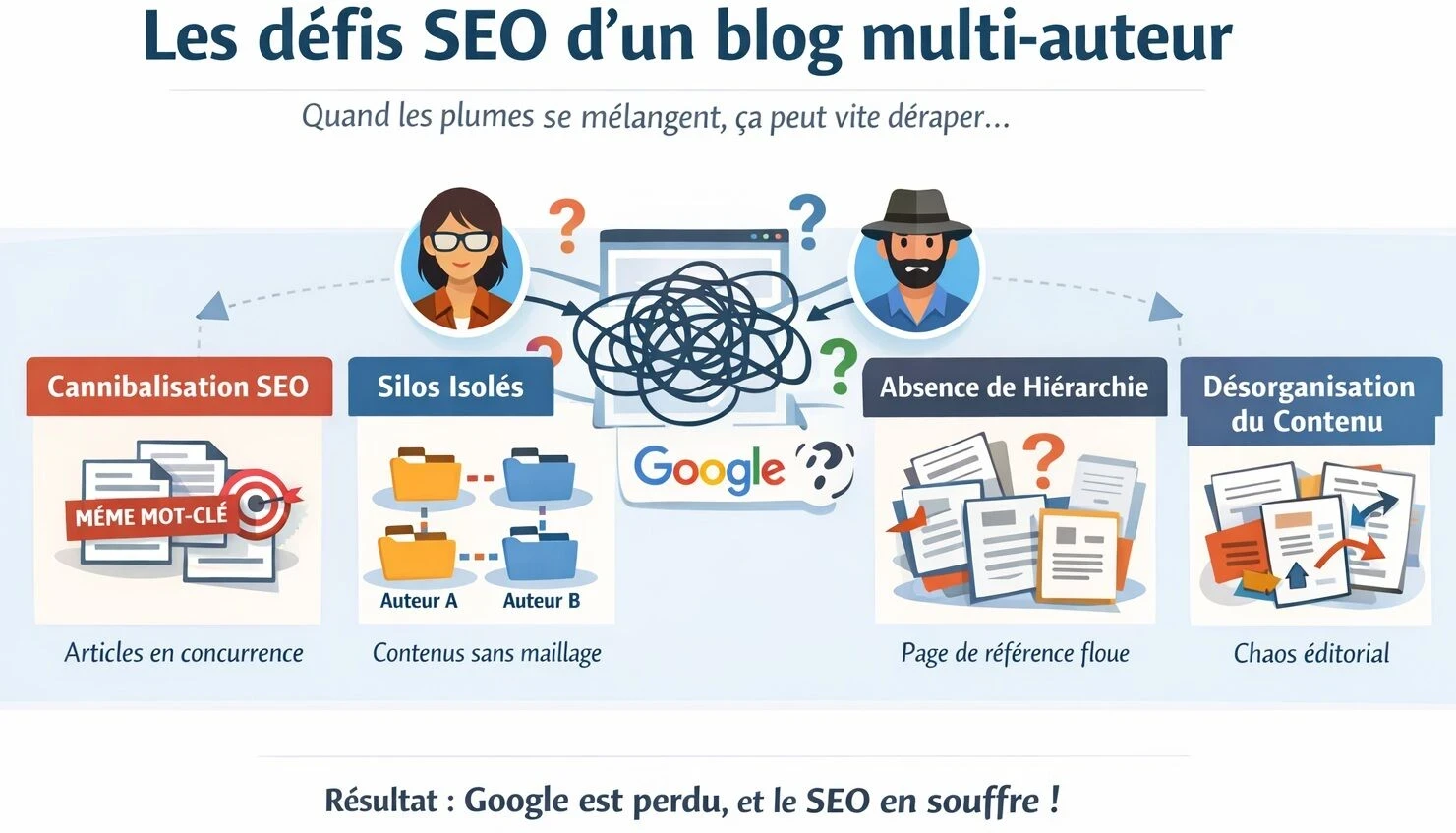 Infographie sur les défis SEO d’un blog multi-auteur : cannibalisation de mots-clés, silos isolés, absence de hiérarchie et désorganisation éditoriale, qui compliquent la compréhension de Google et nuisent au référencement.