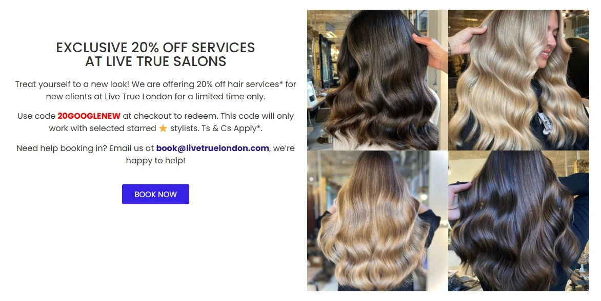 Exemple de post Google Business Profile avec offre limitée, réduction de 20 % et bouton de réservation