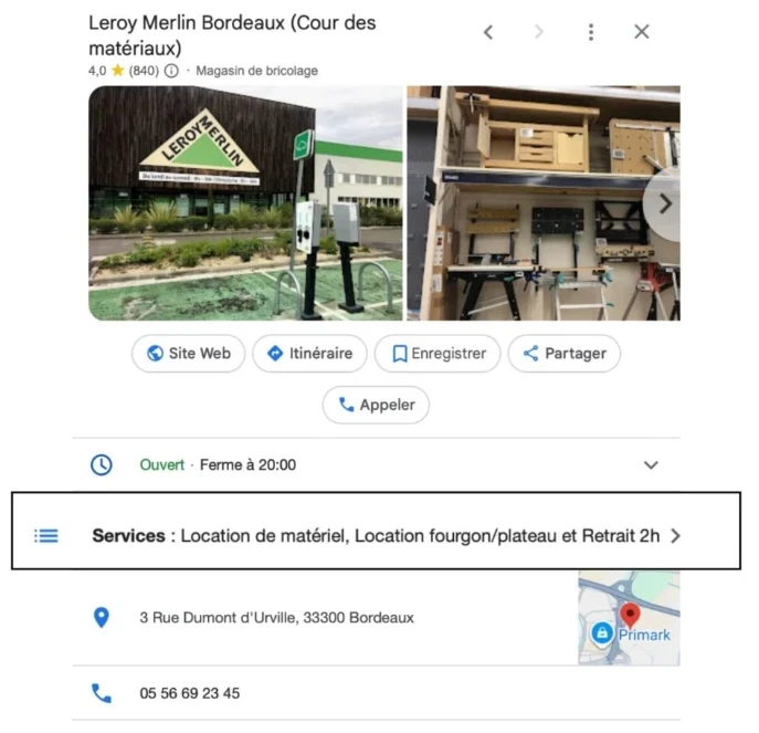 Publication Google Business Profile Leroy Merlin avec une information magasin