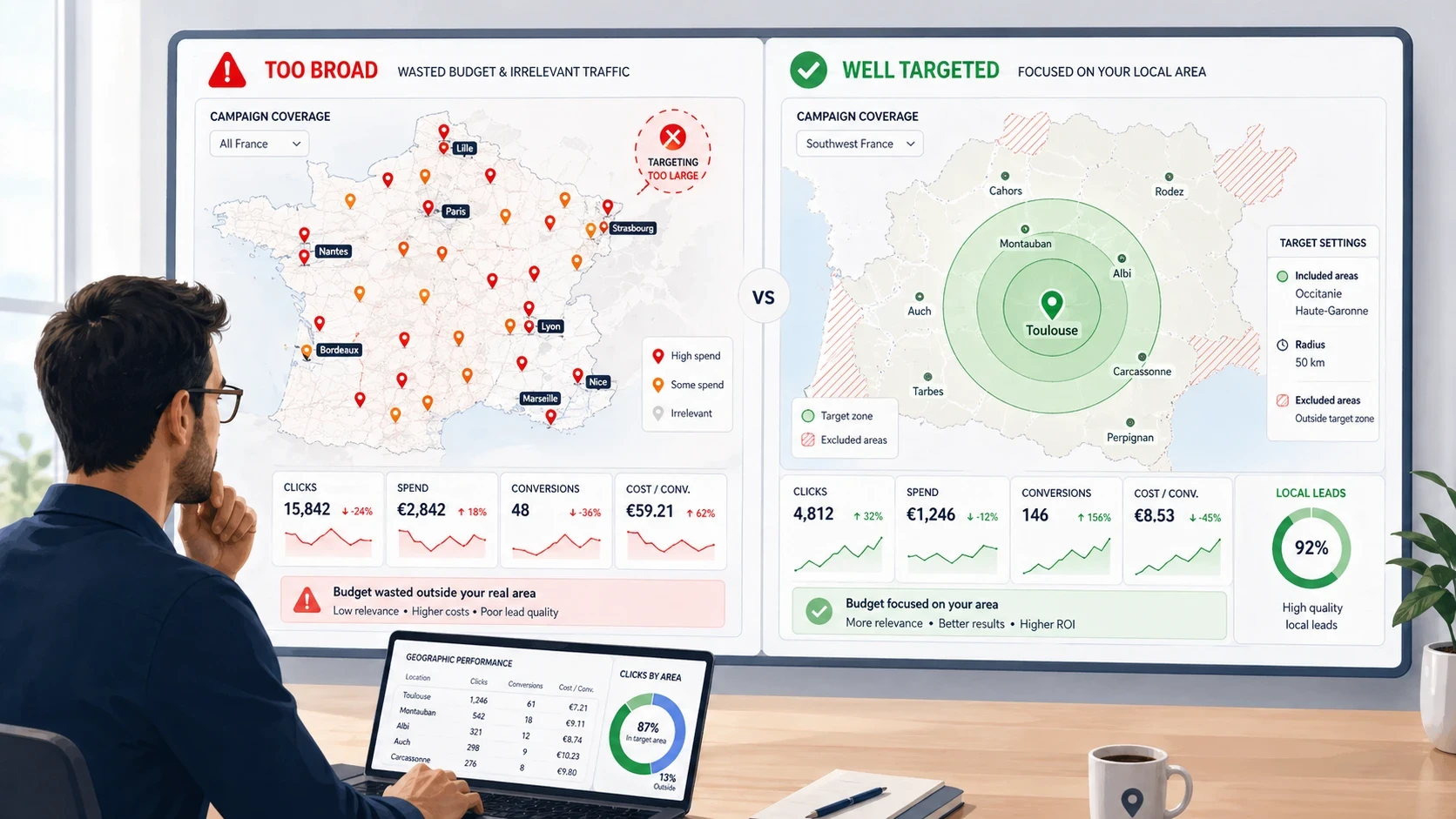 Comparaison visuelle d’un ciblage géographique Google Ads trop large et d’un ciblage local optimisé autour de Toulouse, montrant l’impact sur le budget, les conversions et la qualité des leads