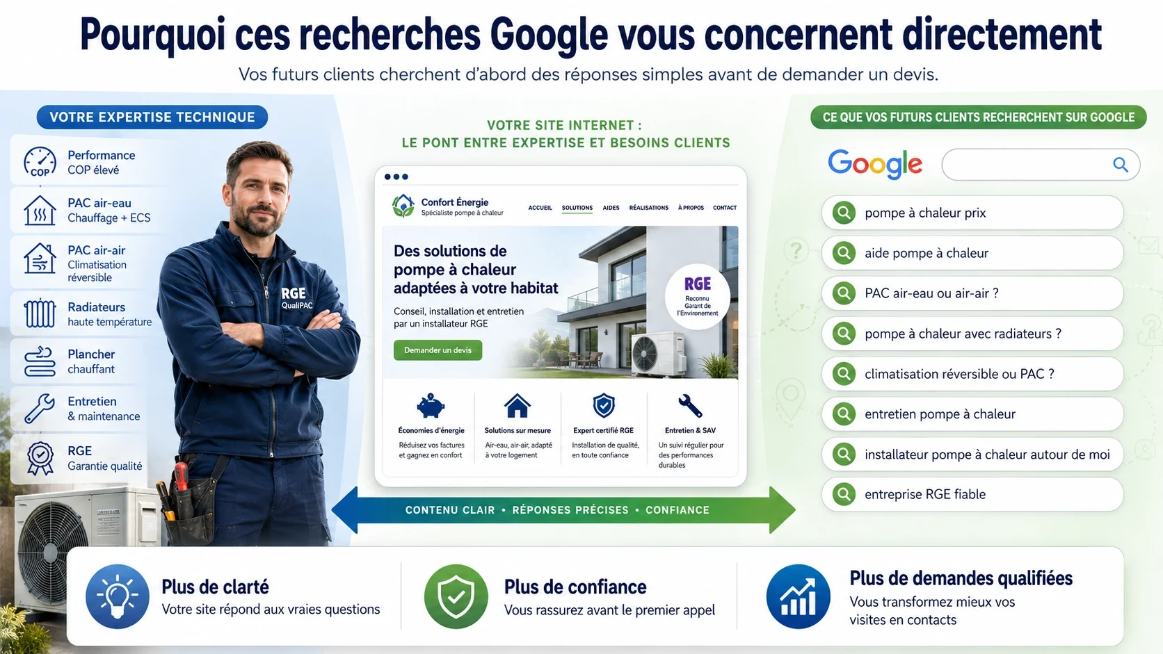 Installateur de pompe à chaleur montrant comment un site web clair répond aux recherches Google des clients sur les prix, les aides, les types de PAC, l’entretien et le choix d’une entreprise RGE