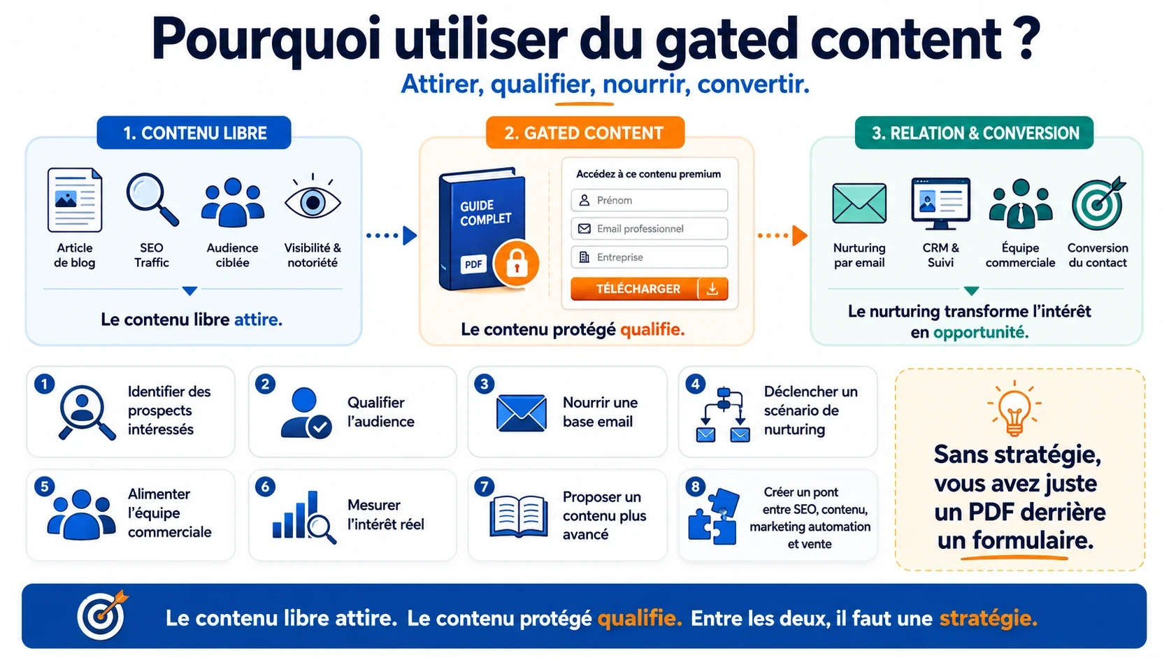 Infographie expliquant pourquoi utiliser du gated content pour attirer une audience, qualifier des prospects, nourrir une base email et créer un pont entre SEO, marketing automation et vente