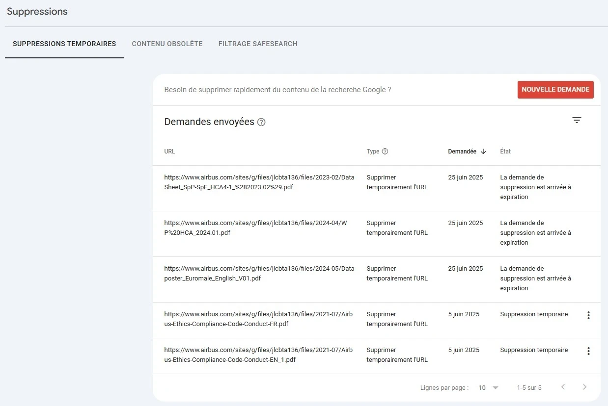 exemple de suppression d'url sous la google search console