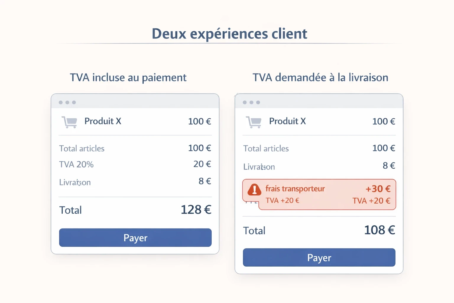 Comparatif de deux checkouts e-commerce, TVA incluse au paiement versus TVA demandée à la livraison, avec lignes total, TVA, livraison et encart rouge indiquant des frais transporteur.