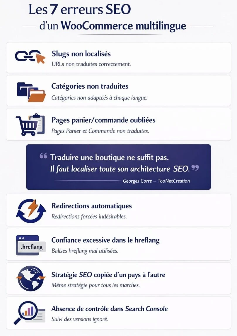 Infographie listant les 7 erreurs SEO fréquentes sur un WooCommerce multilingue : slugs non localisés, catégories non traduites, pages panier et commande oubliées, redirections automatiques, mauvaise gestion du hreflang, stratégie dupliquée entre pays et absence de suivi Search Console.