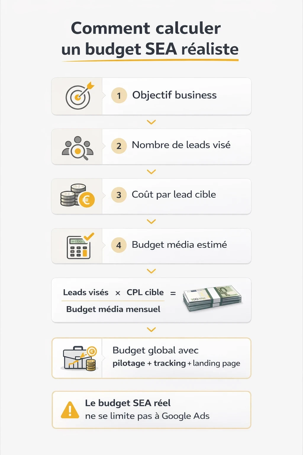 Infographie verticale expliquant comment calculer un budget SEA réaliste en 5 étapes : objectif business, nombre de leads visé, coût par lead cible, budget média estimé et budget global incluant pilotage, tracking et landing page.
