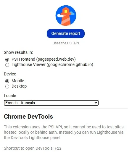 interface de lighthouse pour un audit d'un site web