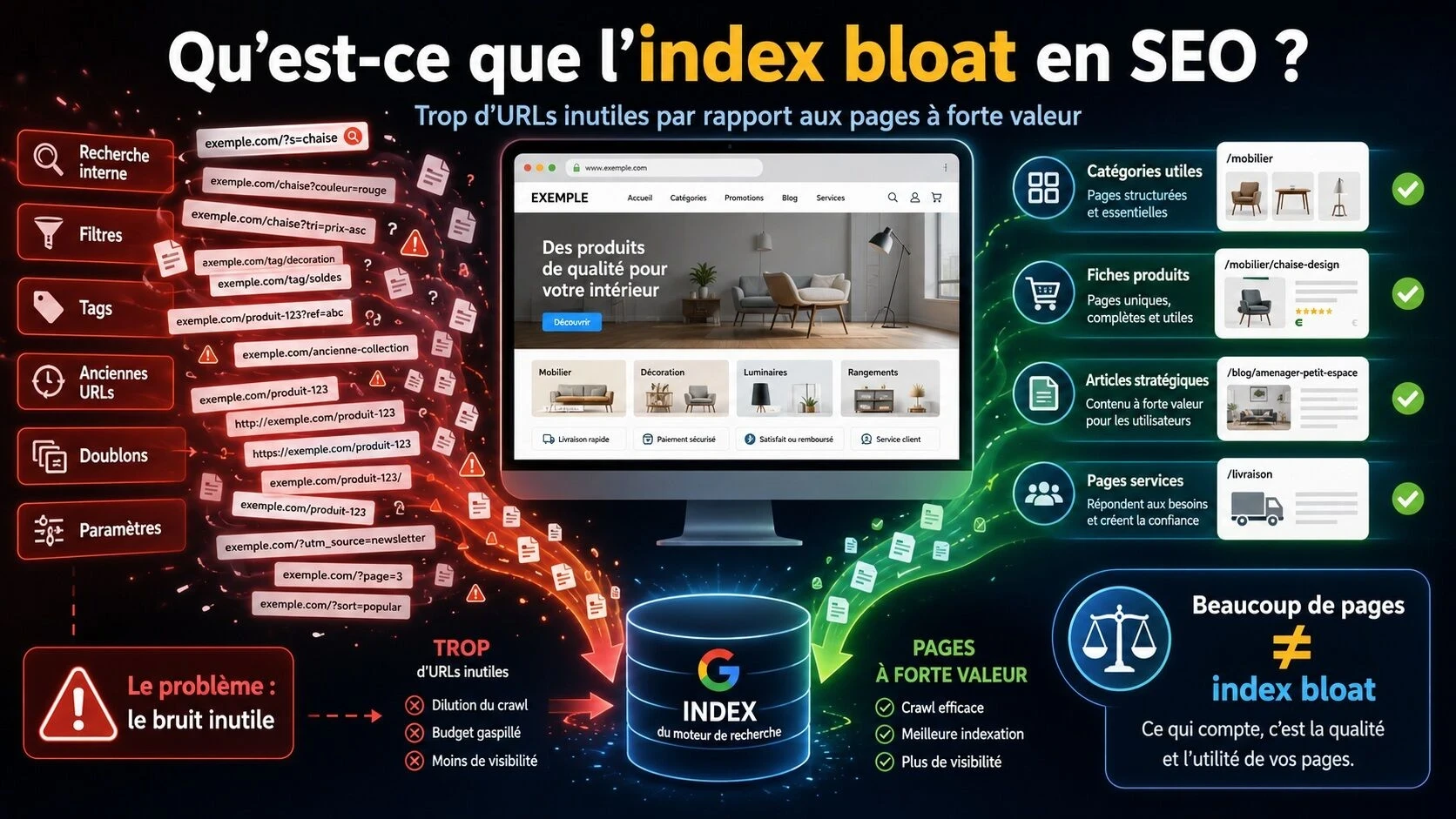 Illustration de l’index bloat en SEO montrant trop d’URLs inutiles explorées par Google face à des pages stratégiques à forte valeur