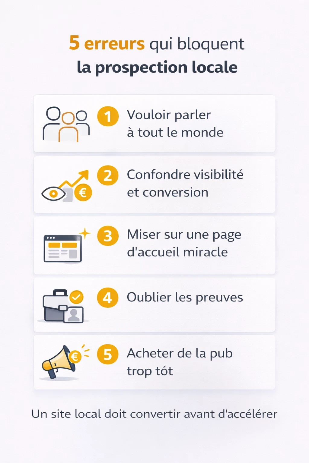 Infographie listant 5 erreurs qui bloquent la prospection locale sur un site : parler à tout le monde, confondre visibilité et conversion, miser sur la seule page d’accueil, oublier les preuves et lancer la pub trop tôt.