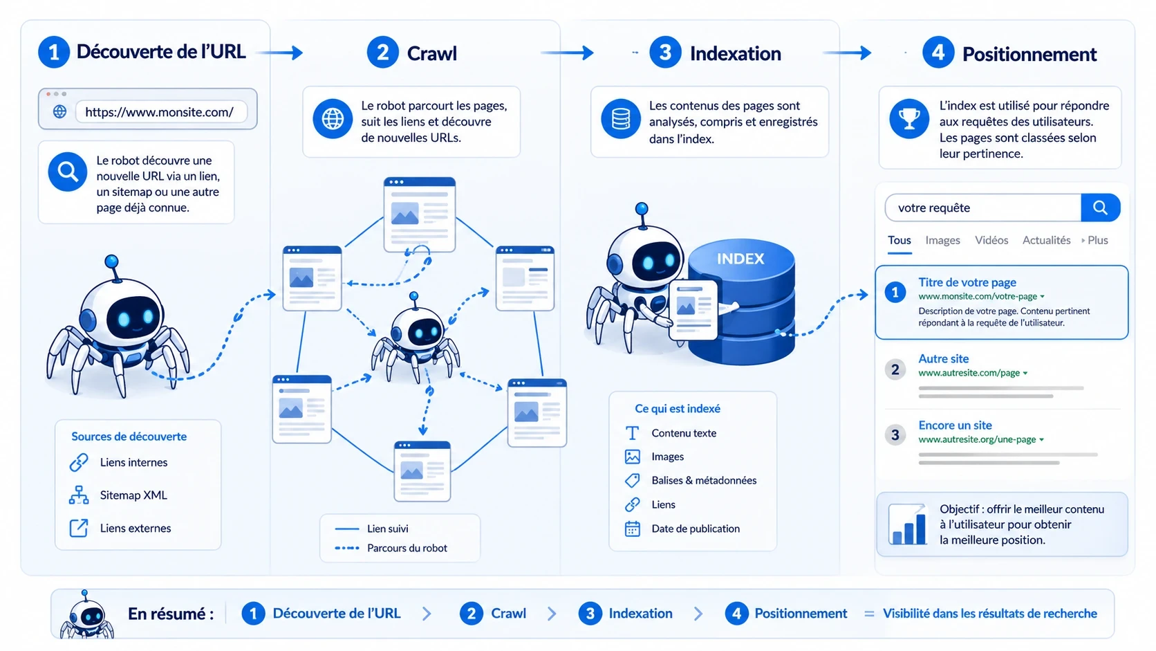 Schéma montrant Googlebot qui explore un site avant l’indexation et le positionnement dans Google.