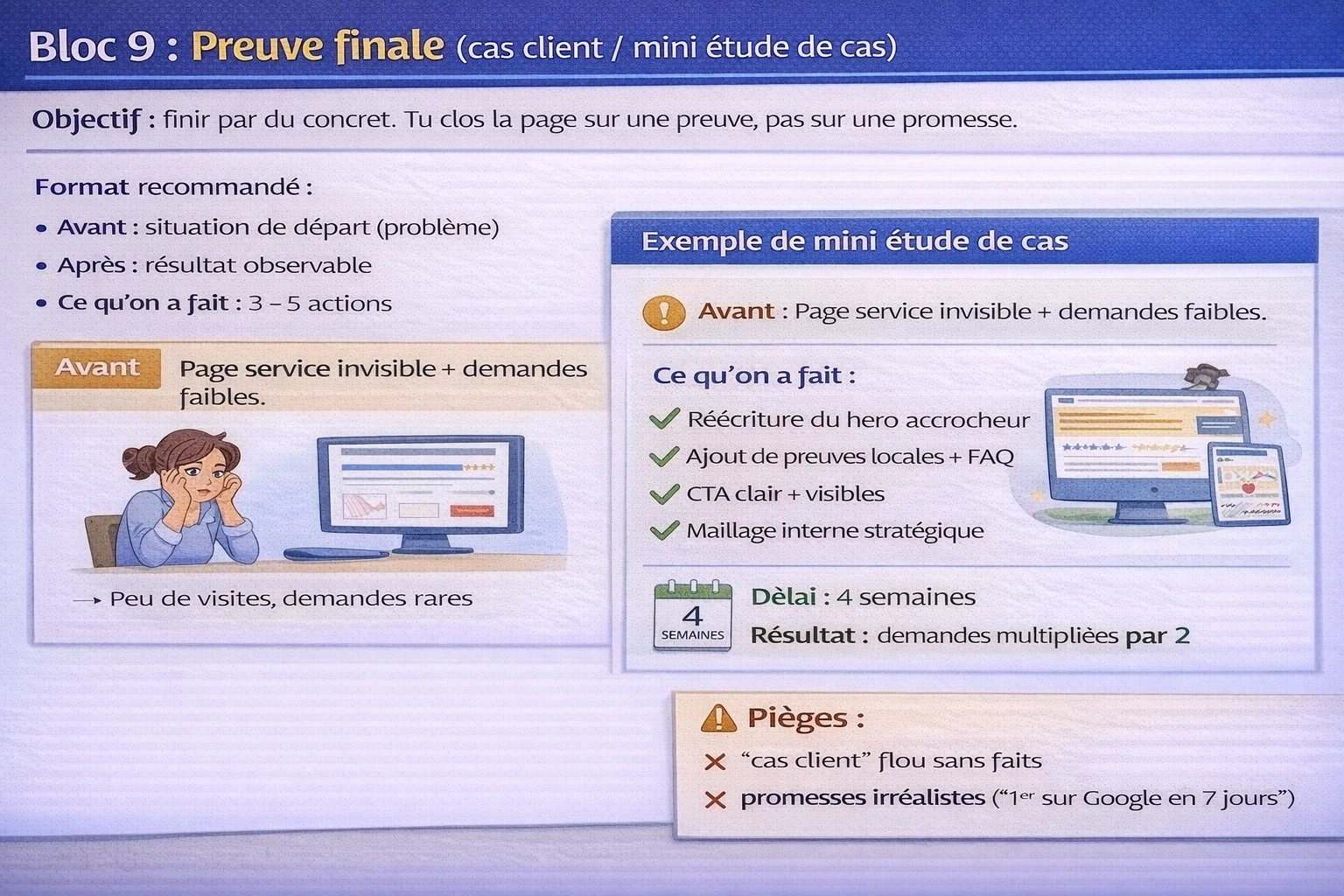 Bloc 9 : Preuve finale (cas client / mini étude de cas)” : format conseillé (Avant, Après, actions, délai, résultat), exemple “page service invisible → demandes x2 en 4 semaines” et pièges à éviter (cas client flou, promesses irréalistes “1er sur Google en 7 jours”).