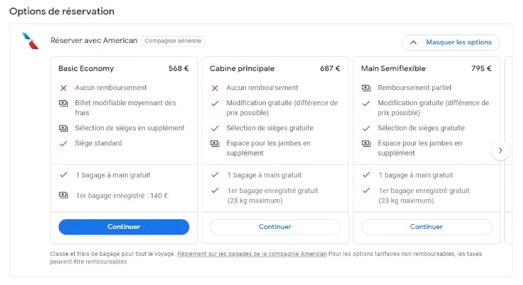 liste des options de réservation sous google flights