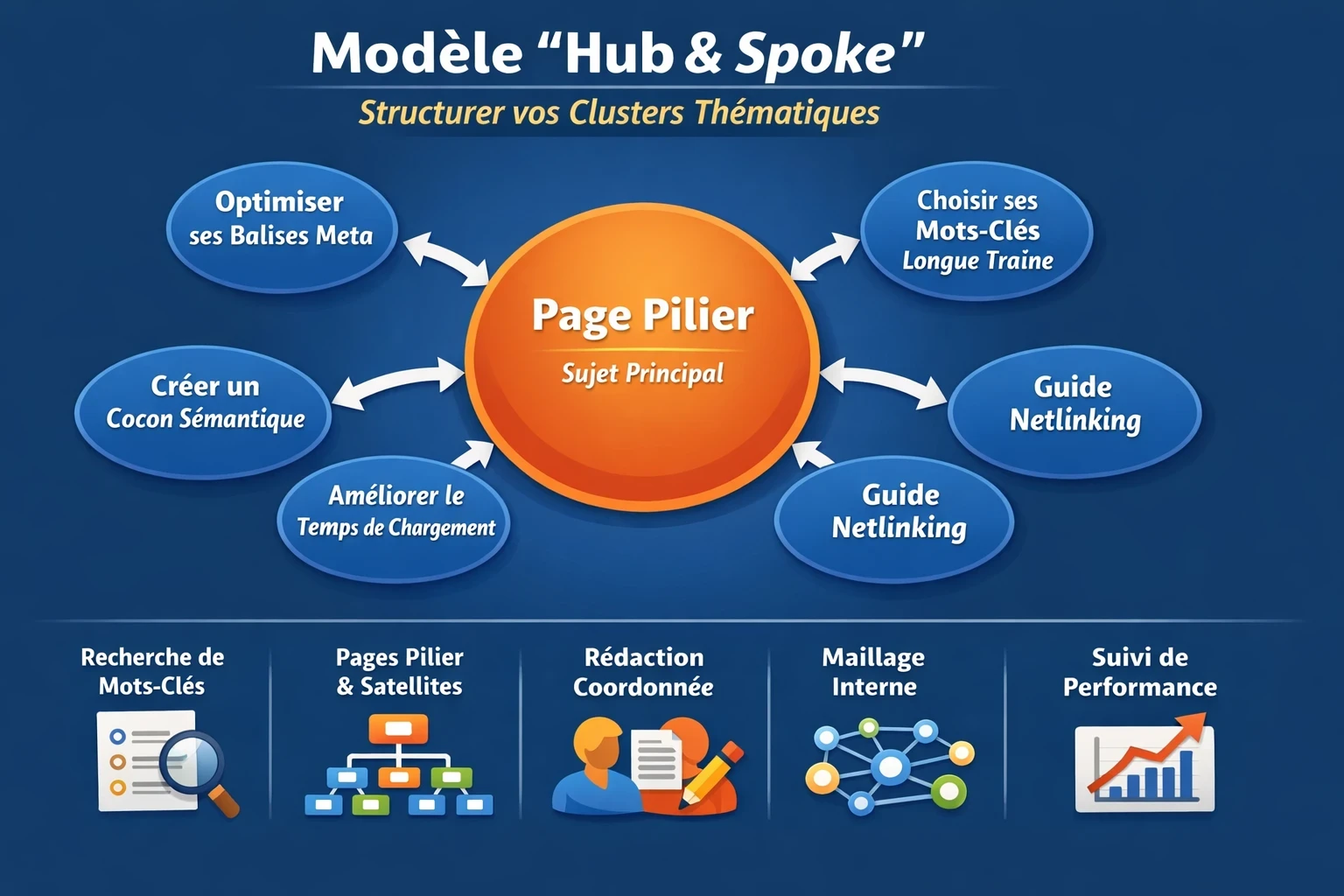Infographie en mode paysage sur la structuration éditoriale en clusters thématiques : une page pilier centrale reliée à plusieurs articles satellites selon le modèle Hub & Spoke, avec recherche de mots-clés, rédaction coordonnée, maillage interne et suivi de performance SEO.