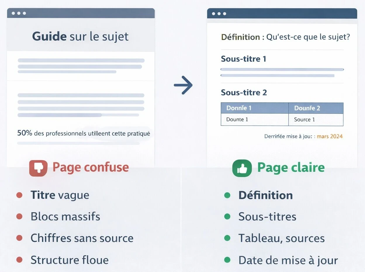 Infographie paysage comparant une page peu citable et une page bien structurée pour montrer visuellement ce qui aide les moteurs IA à comprendre et citer un contenu.