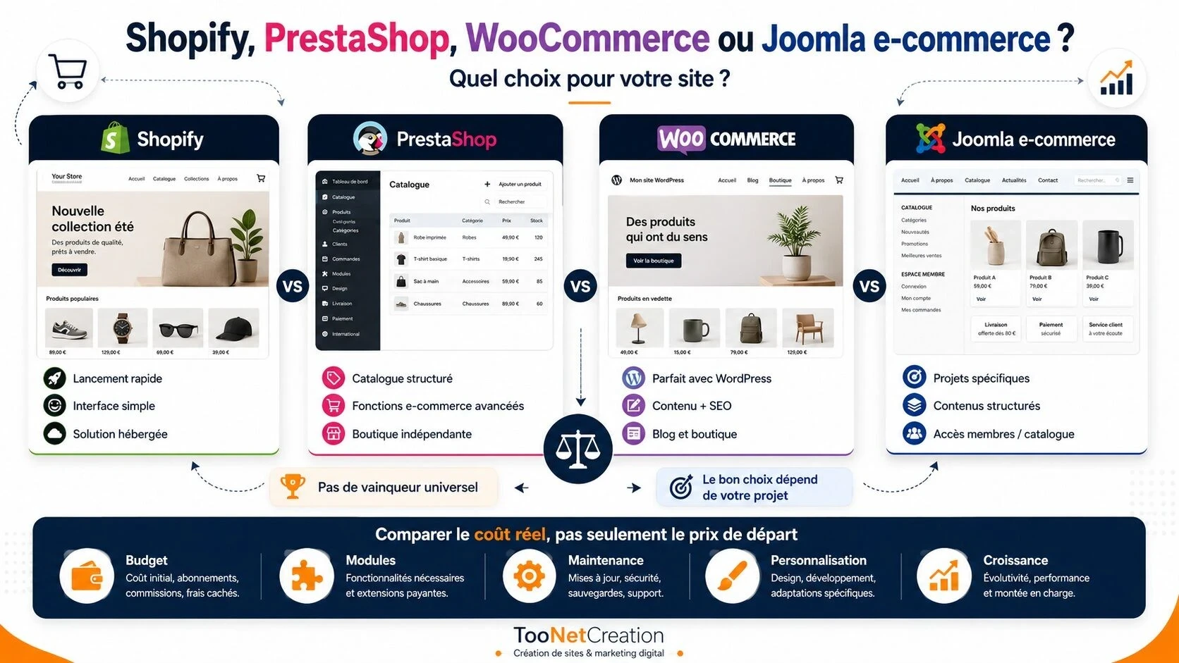 Comparatif des plateformes Shopify, PrestaShop, WooCommerce et Joomla pour créer un site e-commerce