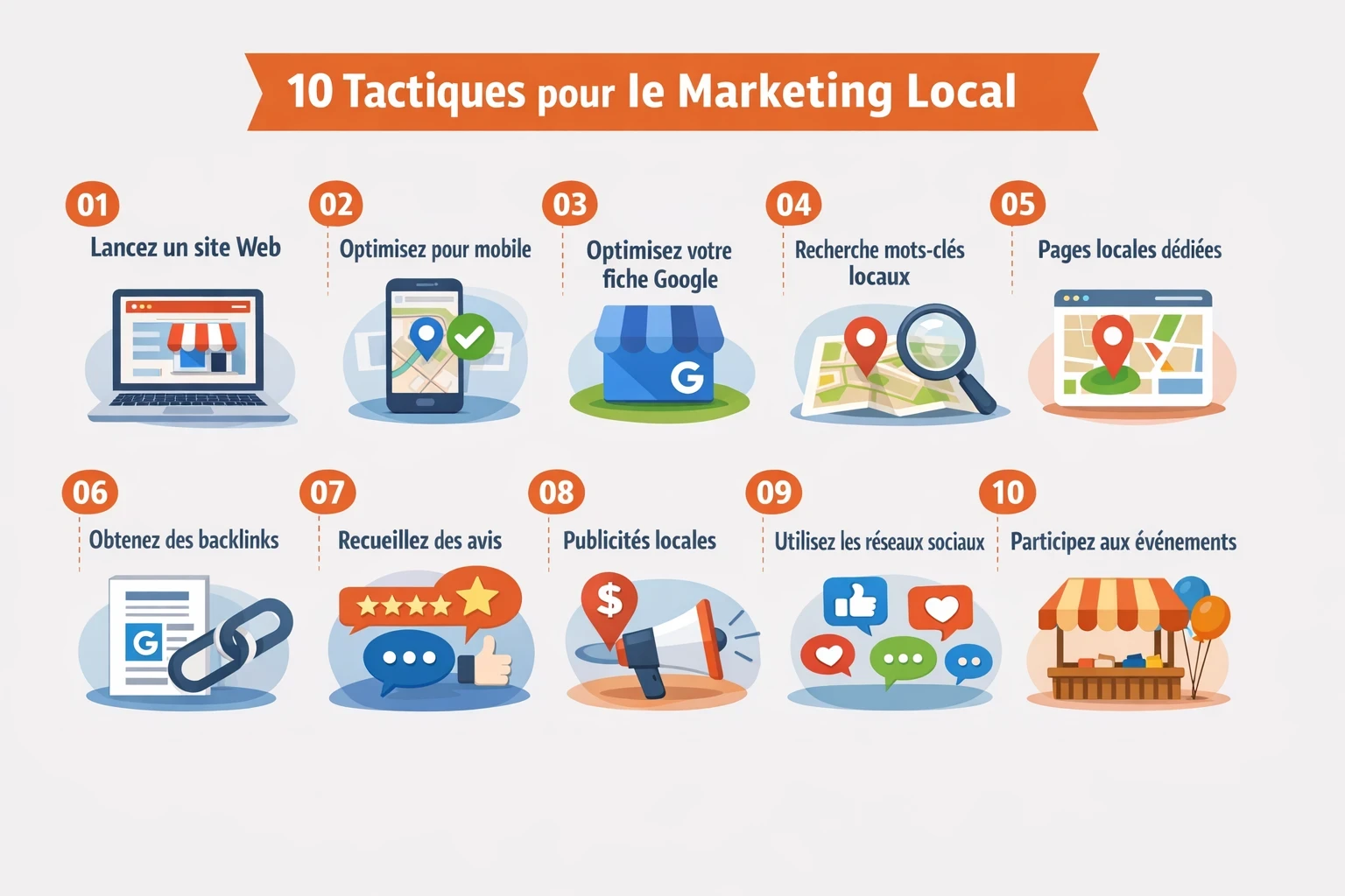 Infographie “10 tactiques pour le marketing local” avec 10 pictogrammes : lancer un site web, optimiser pour mobile, optimiser sa fiche Google Business Profile, rechercher des mots-clés locaux, créer des pages locales dédiées, obtenir des backlinks, recueillir des avis clients, lancer des publicités locales, utiliser les réseaux sociaux, participer à des événements locaux.