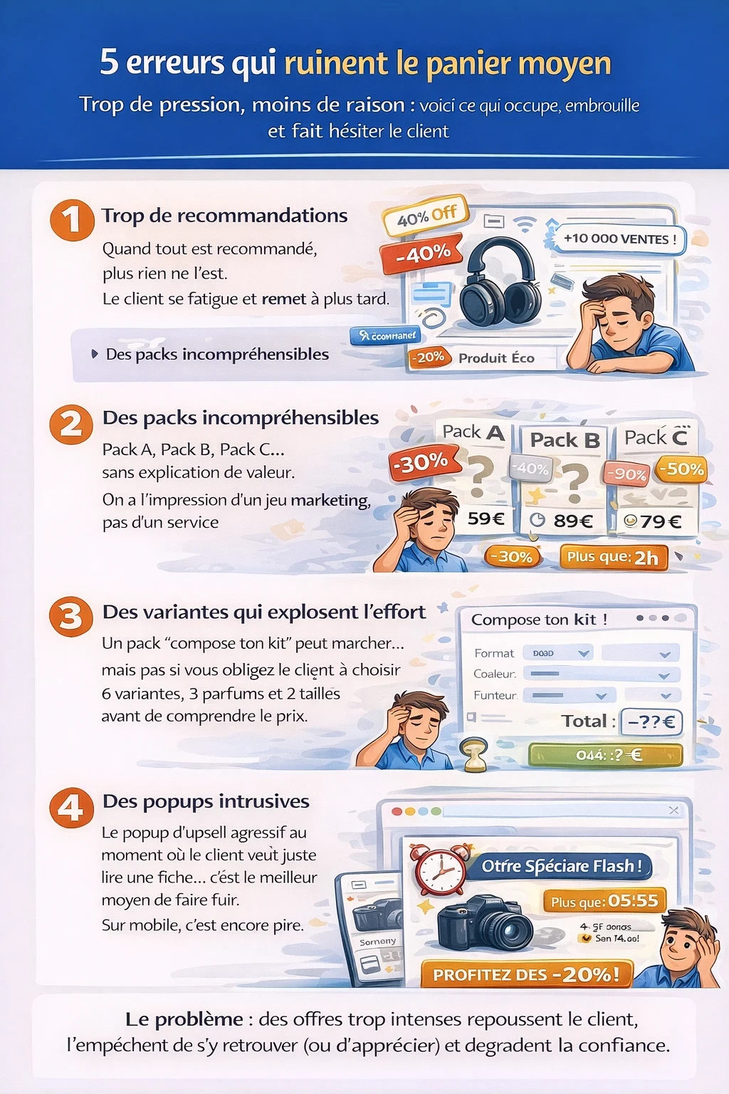 Infographie “5 erreurs qui ruinent le panier moyen” illustrant : 1) trop de recommandations (surcharge visuelle, fatigue), 2) packs incompréhensibles (Pack A/B/C sans valeur), 3) variantes trop nombreuses avant de voir le prix (compose ton kit complexe), 4) popups intrusives d’upsell (surtout sur mobile), 5) fausses urgences/offres flash répétées qui dégradent la confiance.