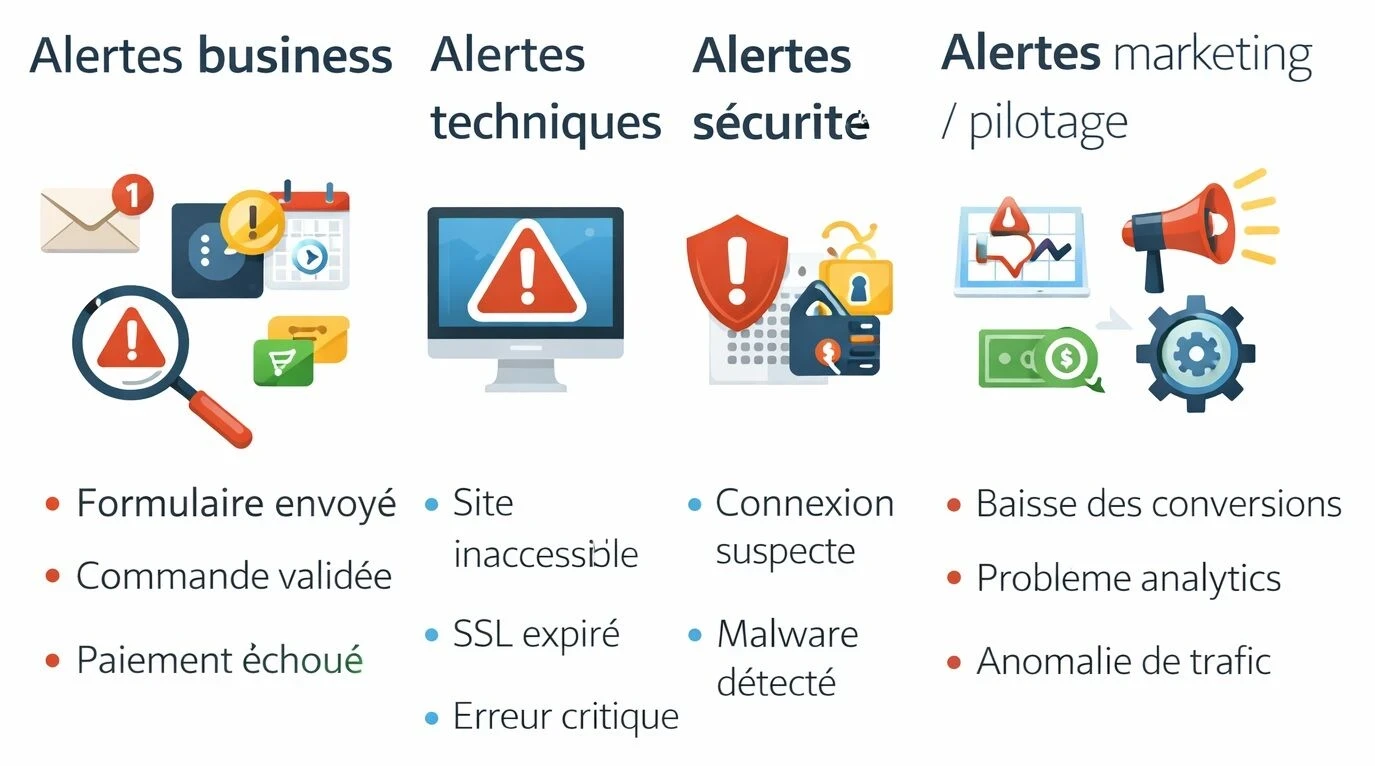 Infographie montrant les quatre grandes familles d’alertes d’un site web : business, technique, sécurité et pilotage.