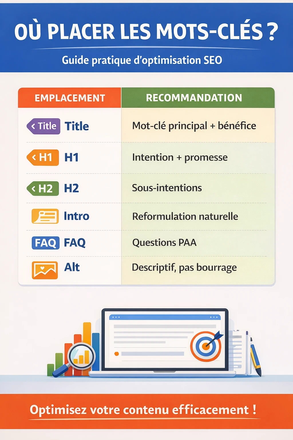infographie qui explique ou placer les mots clés dans une page web