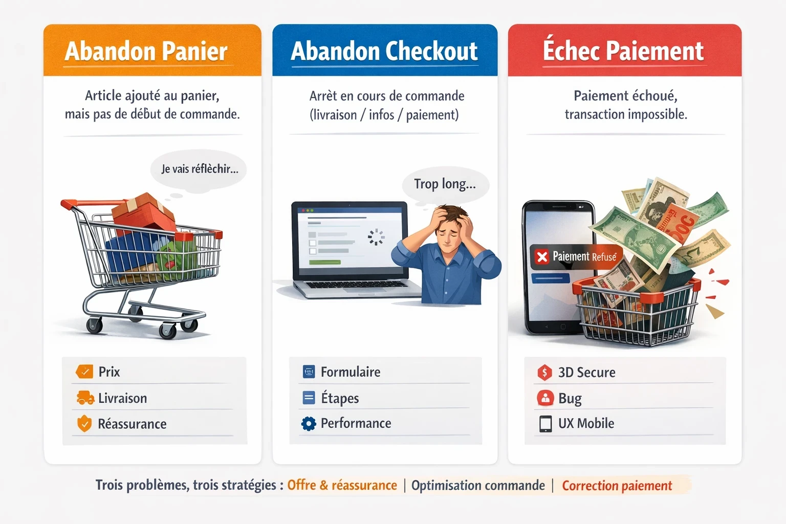 Infographie montrant trois étapes : abandon panier (prix/livraison/réassurance), abandon checkout (formulaire/étapes/performance) et échec paiement (3D Secure/bug/UX mobile), illustrées par un chariot, un écran de checkout et un paiement refusé sur smartphone.