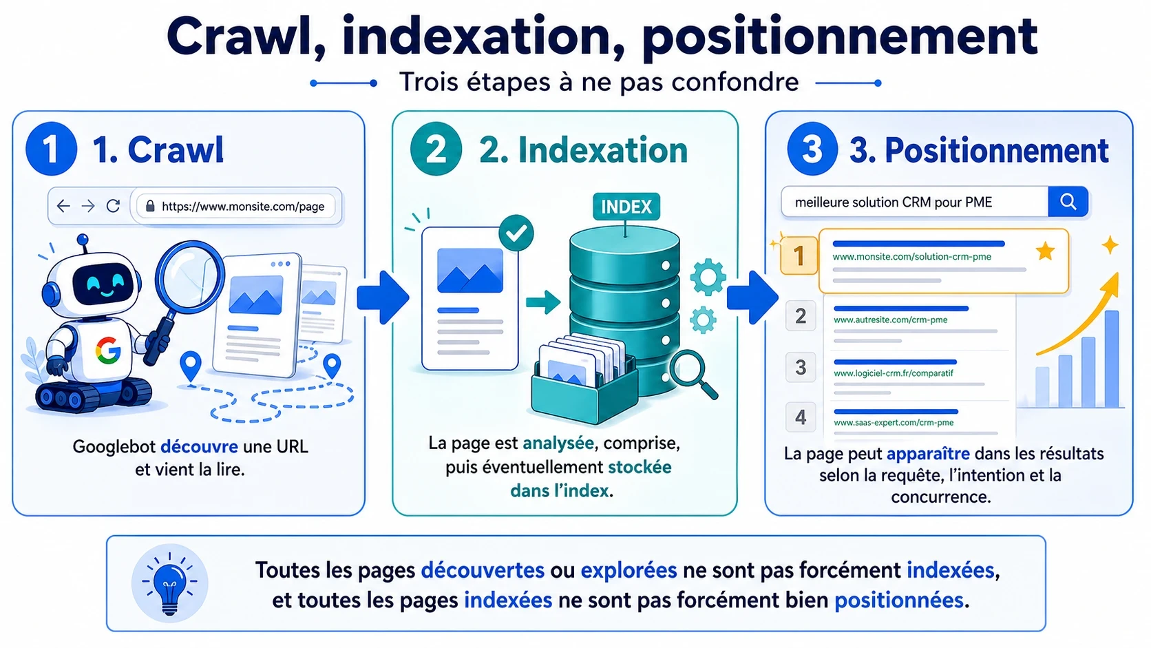 Infographie expliquant les trois étapes SEO : crawl par Googlebot, indexation dans Google et positionnement dans les résultats de recherche