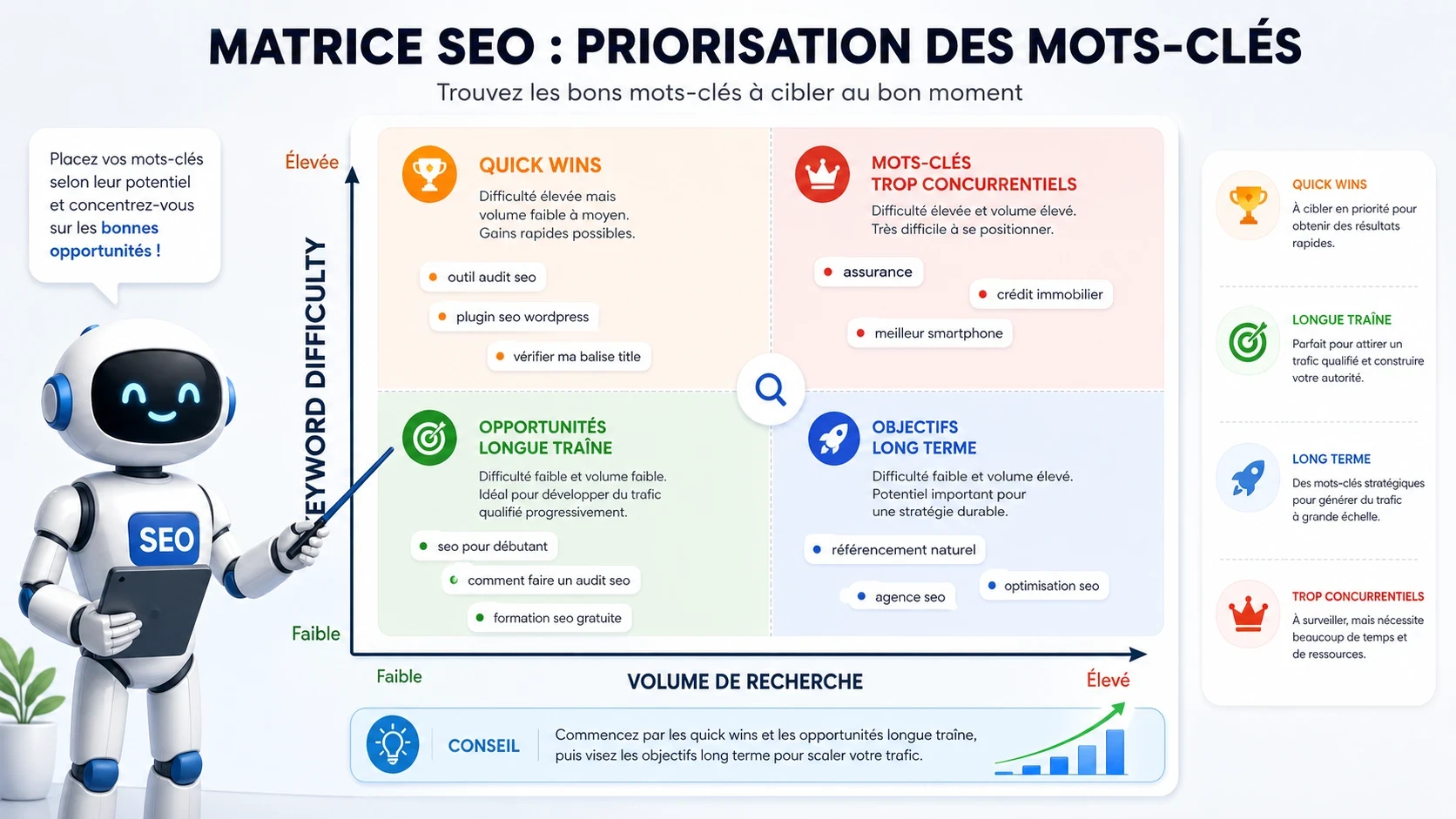Matrice SEO montrant comment prioriser les mots-clés selon leur volume, leur difficulté et leur potentiel business.