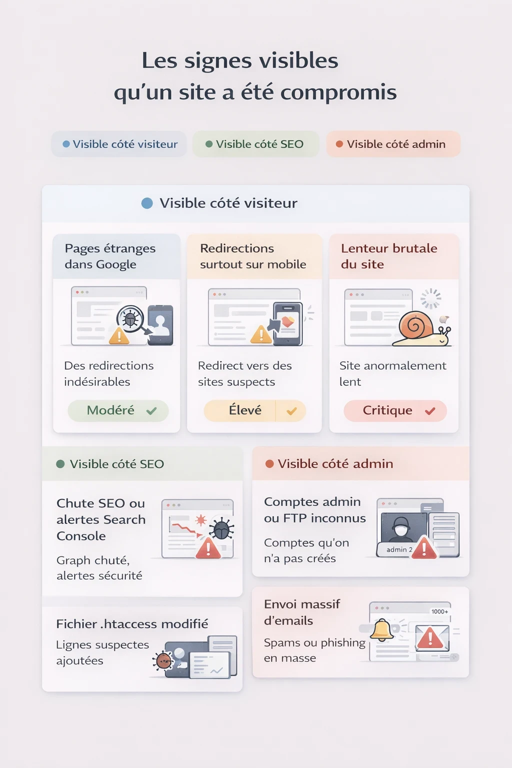 Infographie présentant sept signes visibles d’un site compromis, dont les redirections suspectes, la baisse SEO, les pages pirates, les comptes inconnus et les emails envoyés en masse.