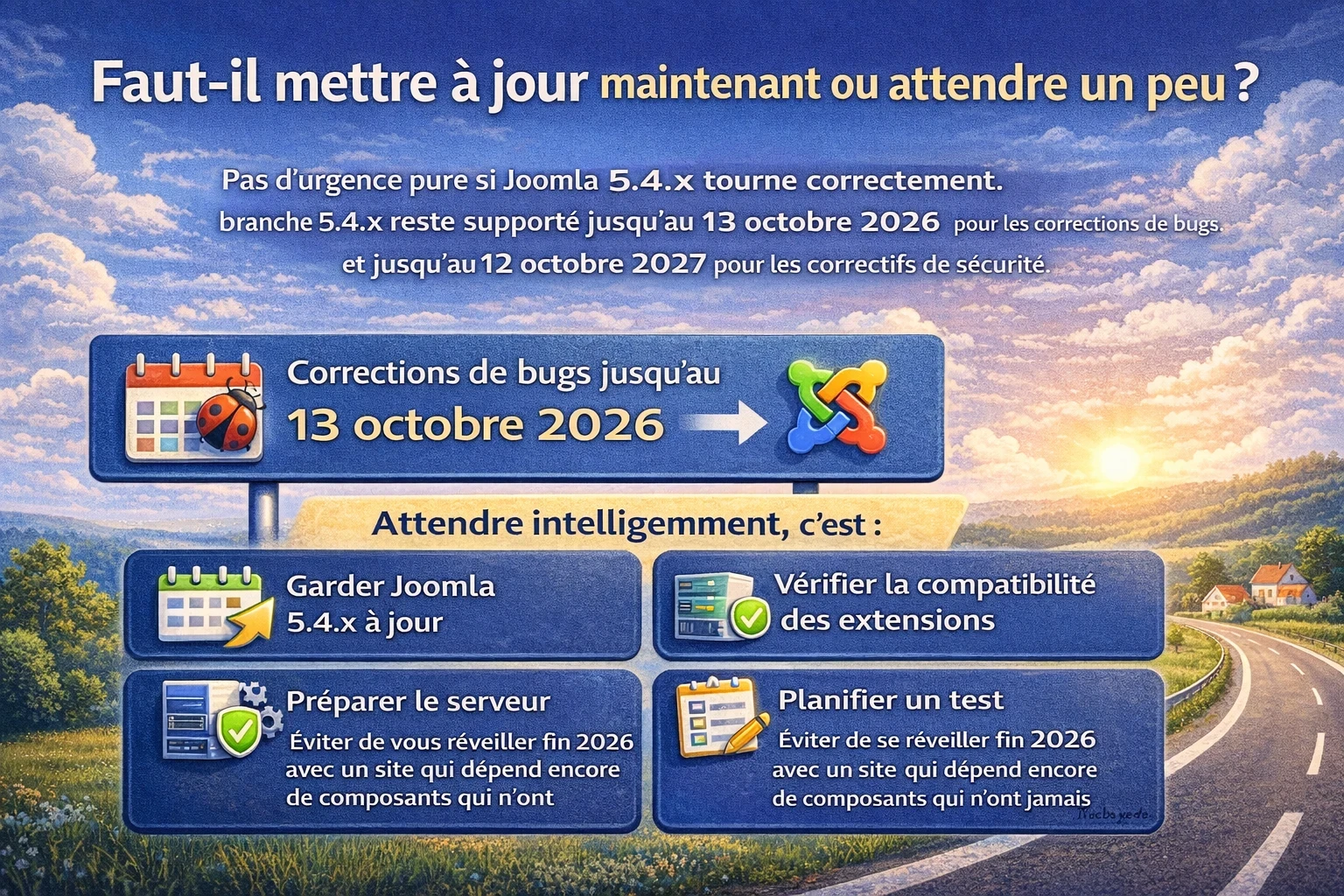 Infographie expliquant qu’un site sous Joomla 5.4.x peut attendre avant de passer à Joomla 6 à condition de rester à jour et de préparer la transition