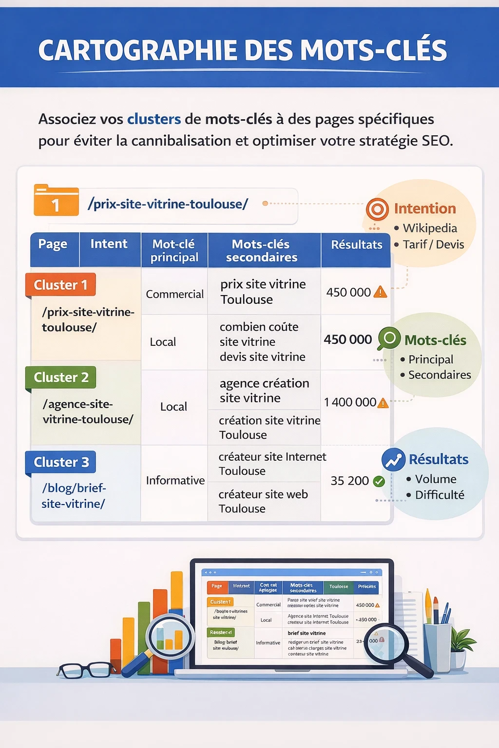 infographie illustrant une cartographie de mots clé rangée dans un tableau