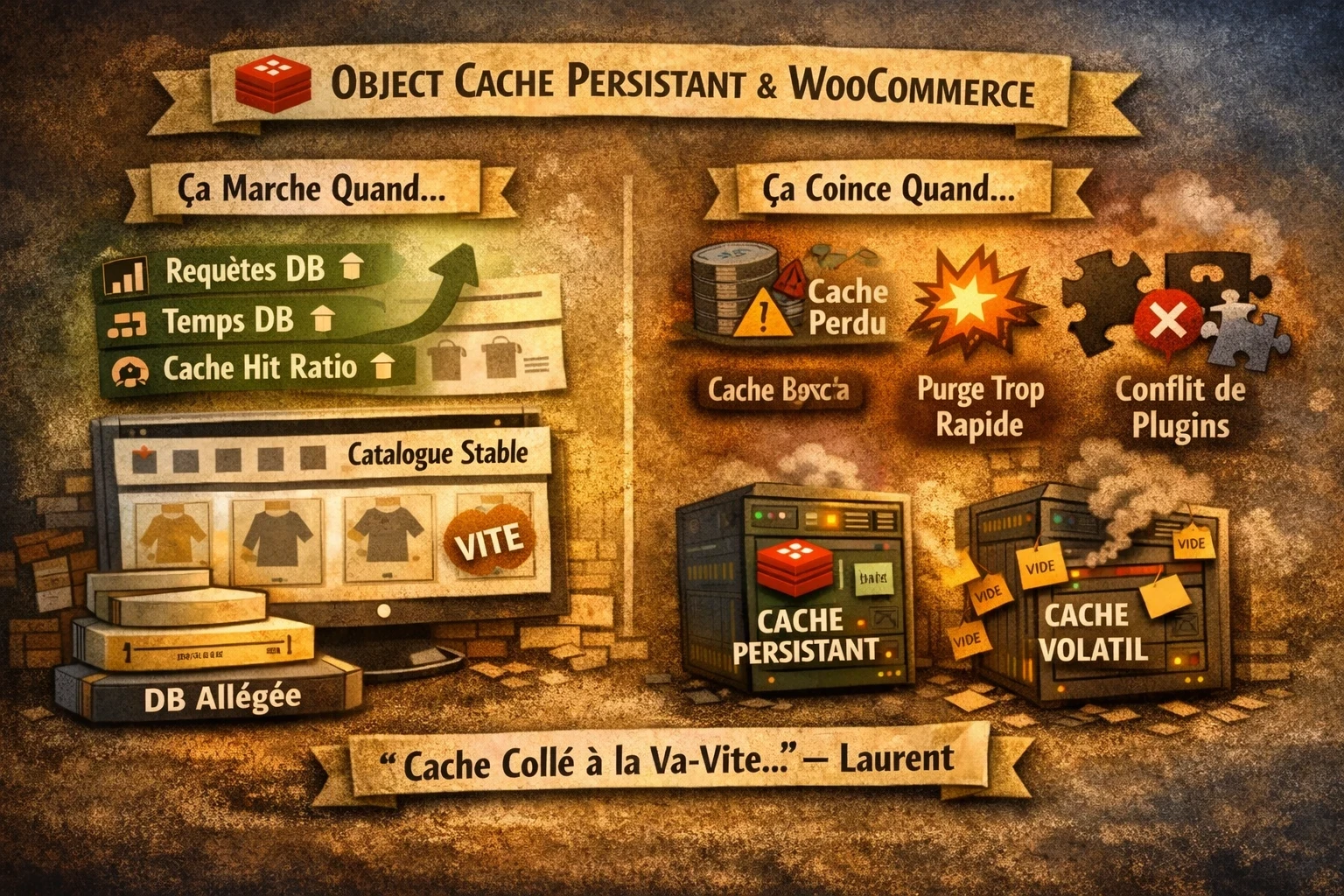 Schéma sur l’object cache persistant WooCommerce avec Redis : à gauche les effets attendus quand c’est bien configuré, moins de requêtes et de temps base de données, cache hit ratio en hausse et catalogue stable sous trafic, à droite les problèmes fréquents quand c’est mal branché, purge trop agressive ou conflits de plugins, avec un rappel que Redis sans stratégie ne fait pas gagner de performance.