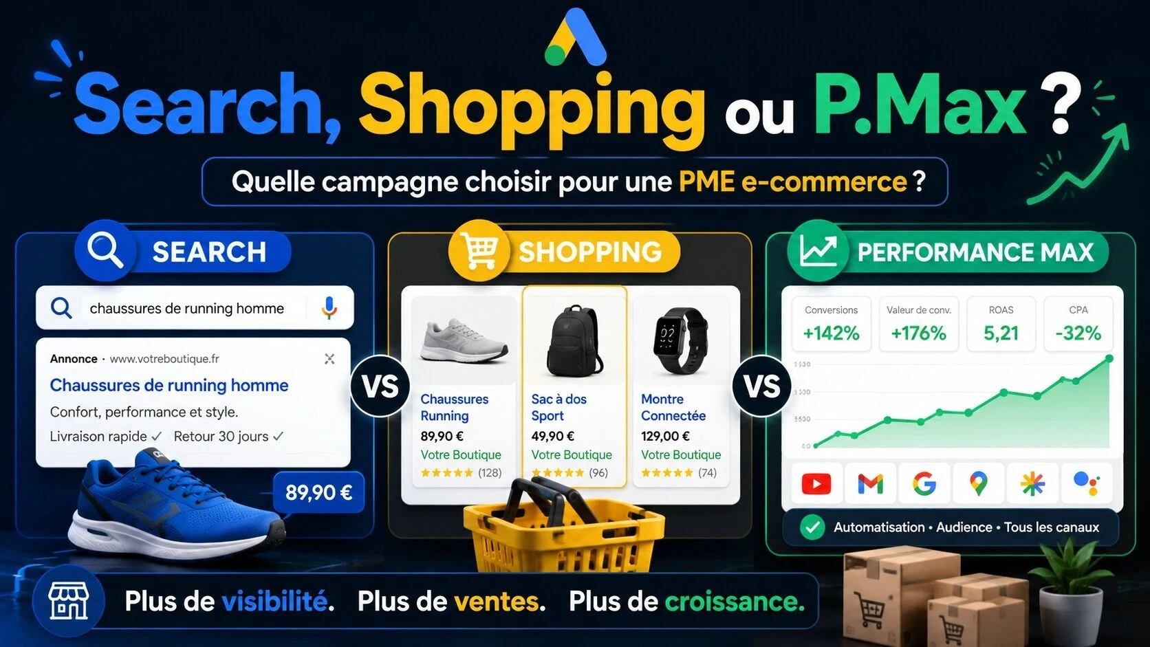 Google Ads Search, Shopping ou Performance Max : quelle campagne choisir pour une PME e-commerce ?